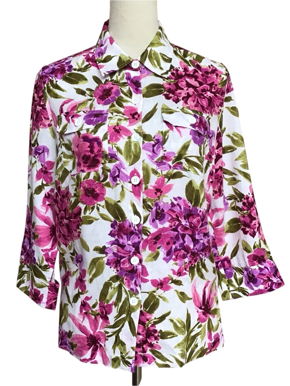 Jones New York White Linen Blouse with Pink & Green Floral Print